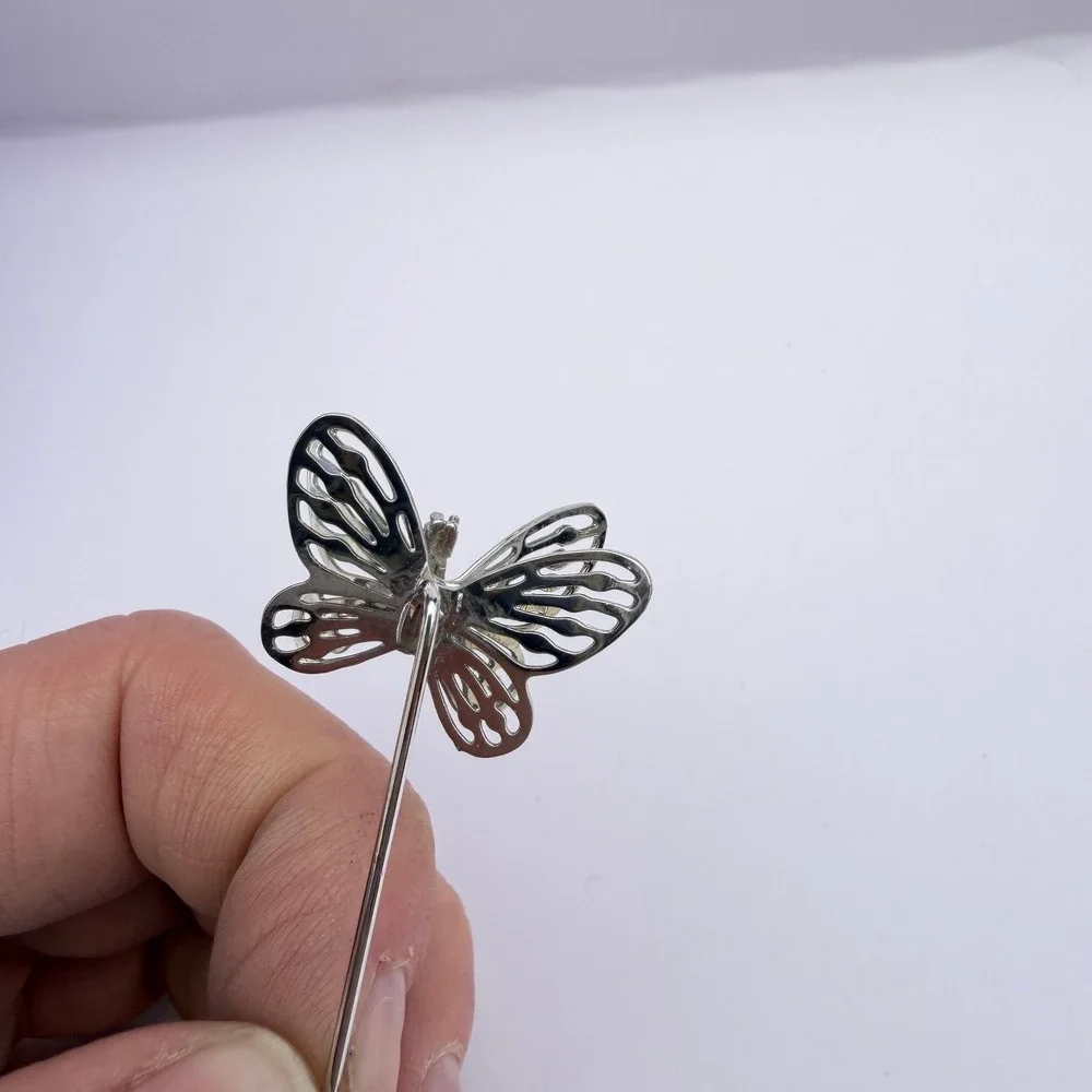 Butterfly Stick Pin Silver Tone Filigree Lapel Hat Jewelry Whimsical Nature